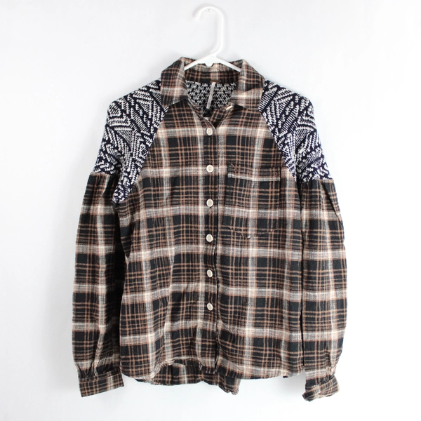 Free People Black and Brown Plaid Button-Down Shirt Women's Size XS