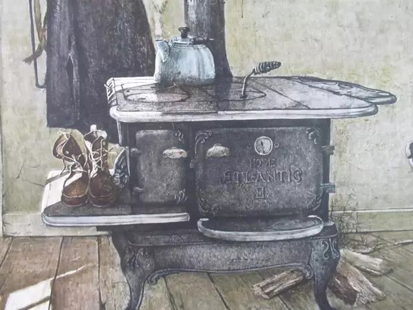 Nice and Warm Jon Legere Large Framed Antique Stove Kettle Art Print Primitive