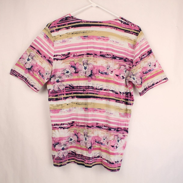 Rabe Women's Top Size 40 Floral Striped Short Sleeve Round Neck Pink Blue
