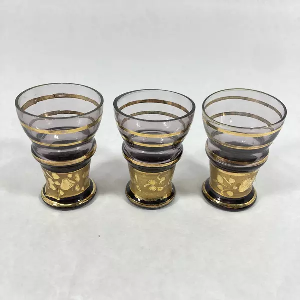 Vtg Lavender Crystal Cordials Set of 3 with Gold Floral Band Good Condition