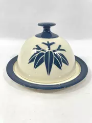 Guggenheim Pottery Plate With Cloche White Cobalt Blue Branch With Leaves