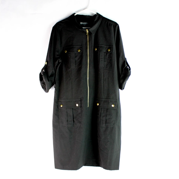 Sharagano Black 3/4 Adjustable Sleeves Zip Up Shirt Dress Women's Size 16