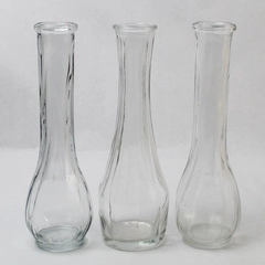 Lot of 3 Clear Glass Long Neck Ribbed Bud Table Vases 9 Inches Tall 