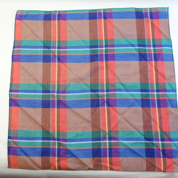Vintage Blue Plaid Handkerchief Viscose Polyester Blend 22" Made in France
