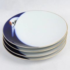 Set of 4 Fukagawa Seiji Crane Design Ceramic Plates Gold Trim