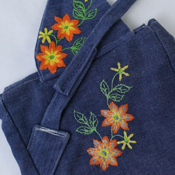 Vintage Unbranded Jean Denim Crossbody Handbag Purse Embroidered Flowers