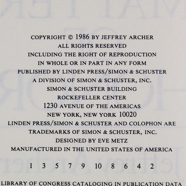 Vintage Jeffrey Archer A Matter of Honor Hardcover Novel DJ 1986 Linden Press