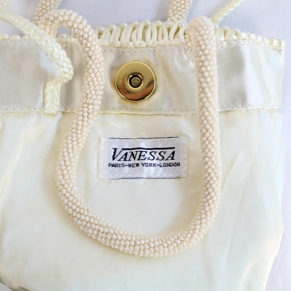 Vtg Vanessa Paris London Clutch Purse Cream Faux Pearls Double Handle Bag