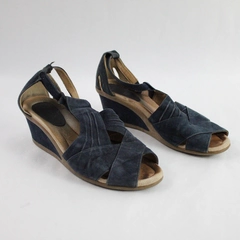Earth Brand Navy Faux Suede Strappy Sandals Wedge Heel Peep Toe Women's 9.5D