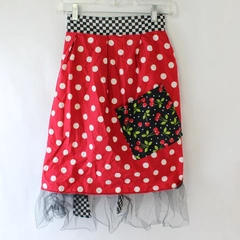 Handmade Black Red White Cherry Pattern Pocket Tulle Trim Half Apron
