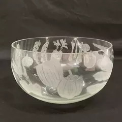 Etched Glass Salad Bowl Vegetable Pattern 9.5 Inch Diameter