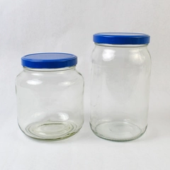 Lot of 2 Unbranded Blue Lid Glass Pickle Jar Containers 6.5 and 8 Inches Tall