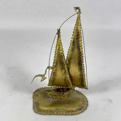Brass Sailboat Gold Tone Hand Crafted Sculpture Onyx Pedestal Signed 