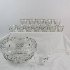 Lot of 14 Vintage Pressed Clear Glass Fruit Punch Bowl, Tea Cups & a Ladle 