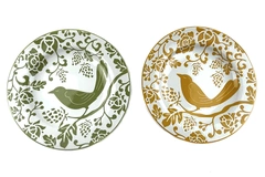 Set of 2 Pier 1 Salad Side Dessert Plates Yellow Green White Bird Pattern 2008