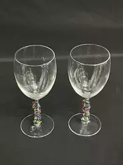Lot of 2 Long Stemmed Crystal Wine Glasses with Beaded Wire Stems 7in