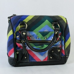 Rainbow Striped Studded Handbag Double Handle Zipper Closure Pre-owned