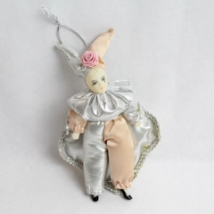 Vintage Pink and Silver Harlequin Clown Jester Ornament 6"