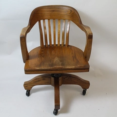 Antique Solid Wood Bankers Office Swivel Desk Arm Chair Rolls