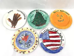 Lot of 5 Hand-Painted Holiday Plates for Kids Pumpkin Turkey Flag Tree