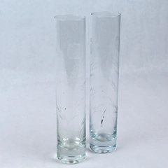 Set Of 2 Etched Rose Cylinder Glass Bud Long Stemmed Rose Vases