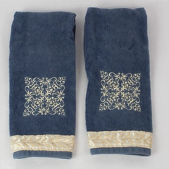 Lot of 2 Kassa Fina Decorative Hand Towels Blue Beige Embroidered Scroll Design
