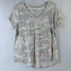 Maurices 24/7 Women's V-Neck T-Shirt Top Pink Floral Cuffed Sleeves Plus Size 0 
