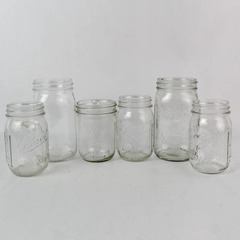 Lot of 6 Vintage Two Sizes Clear Glass Mason Jar Reg & Wide Mouth No Lids 