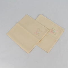 Set of 2 Vintage Beige Floral Embroidered Napkins with Pink & Blue Accents