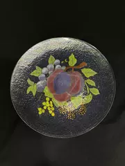 Hand Painted Textured Glass Plate 9.5" with Plum & Grape Design