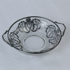 Vintage Silver Overlay Glass Bowl with Floral Design 7" with Handles
