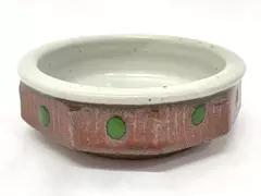Signed Brown Art Pottery Bowl with Green Dots & White Center 6" Diameter