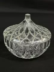 Vintage Glass Candy Dish with Lid Floral Pattern Ribbed Starburst Base
