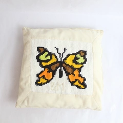 Vintage 70's Cream Cross Stitch Butterfly Throw Pillow Retro Decor