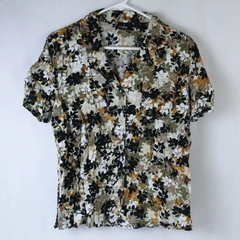 Erika Shirt Top Button Up Women's Size M Black White Brown Leaves Short Sleeves