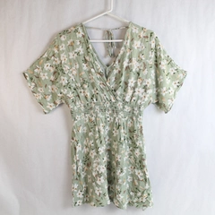 Mahina Women's M Green White Floral Tunic Top Shirt Short Sleeves
