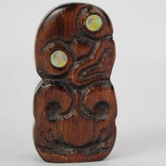 Vintage Miniature New Zealand Moko Wooden Tiki With Mother Of Pearl Eyes