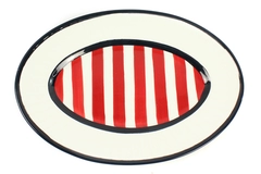Hausenware Sally Noll 13" Oval Platter Red White Stripes Navy Trim