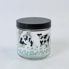Vintage Cow Themed 3.75" Clear Jar With Black Lid Black White Cows Fence Ivy