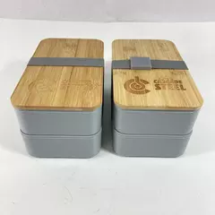 2 Stackable Gray Plastic And Bamboo Bento Lunch Sets Imprinted Cascade Steel