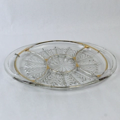Vintage Jeannette Glass Feather 5 Section Relish Dish Tray Gold Trim Handles