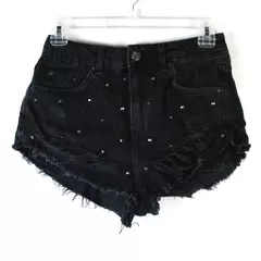 Topshop Moto Mom Denim Shorts Size US 4 Faded Black High Waist Distressed Stud