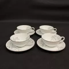 Set of 4 Vintage Noritake Pineville Cup & Saucer Sets White Platinum Trim 5854