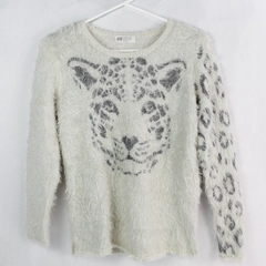 H&M White and Gray Fuzzy Leopard Design Sweater Girls Size 10-12Y