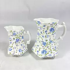 Vintage St. George Blue Rose Chintz Bone China Syrup Pitcher And Creamer