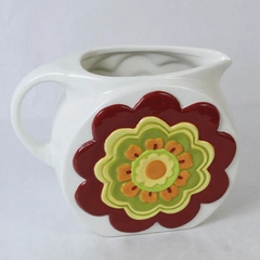 Living Quarters Ceramic Pitcher White With Embossed Multi-Color Flower