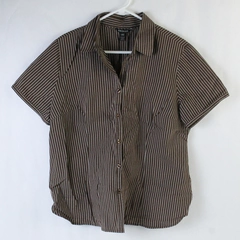 George Women's Brown Stripe Short Sleeve Button Down Blouse Top Collared
