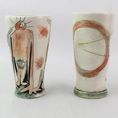 Set of 2 LG Gossett Ceramic Hand-Painted Etched Decorative Cups Signed