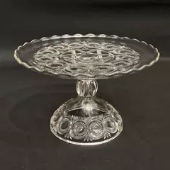 Vintage Clear Glass Pedestal Cake Stand Scalloped Rim Moon and Star Pattern
