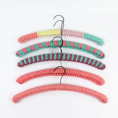 Vintage Lot of 5 Hand Crocheted Pink Blue & Yellow Yarn Covered Clothing Hangers